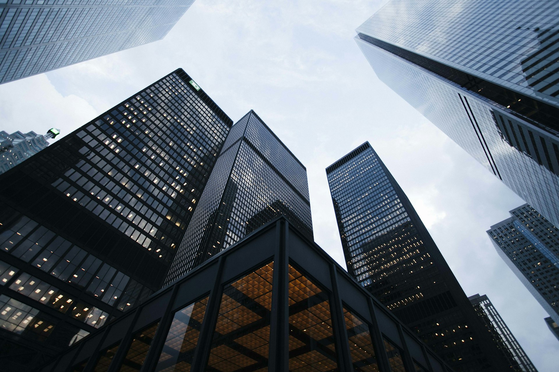 Urban city skyscrapers viewed from ground level